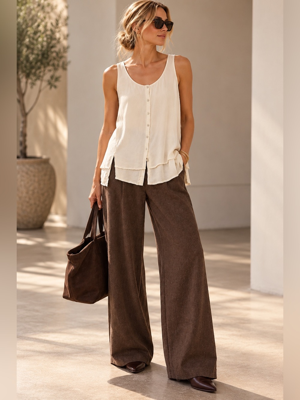 Eileen Fisher 100% Silk Sleeveless Button Front Tank in Cream